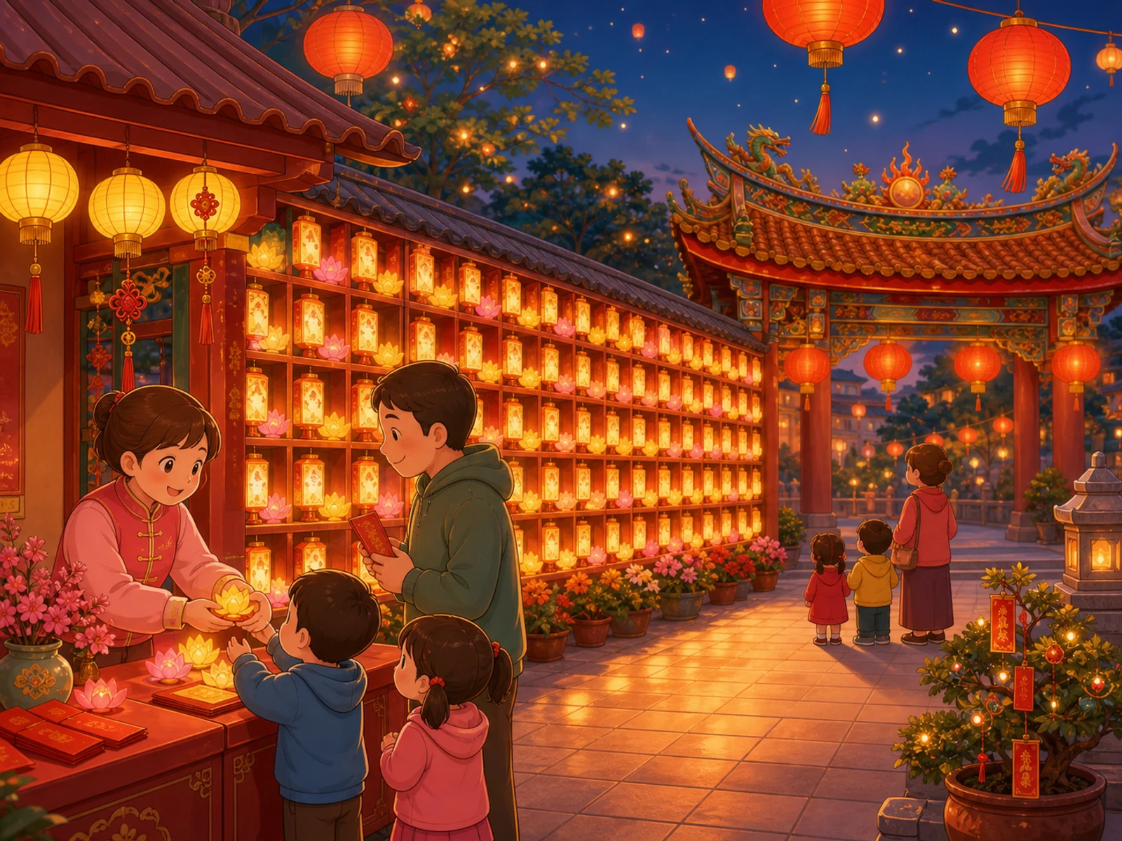 卡通風格的新春點燈祈福宮廟活動